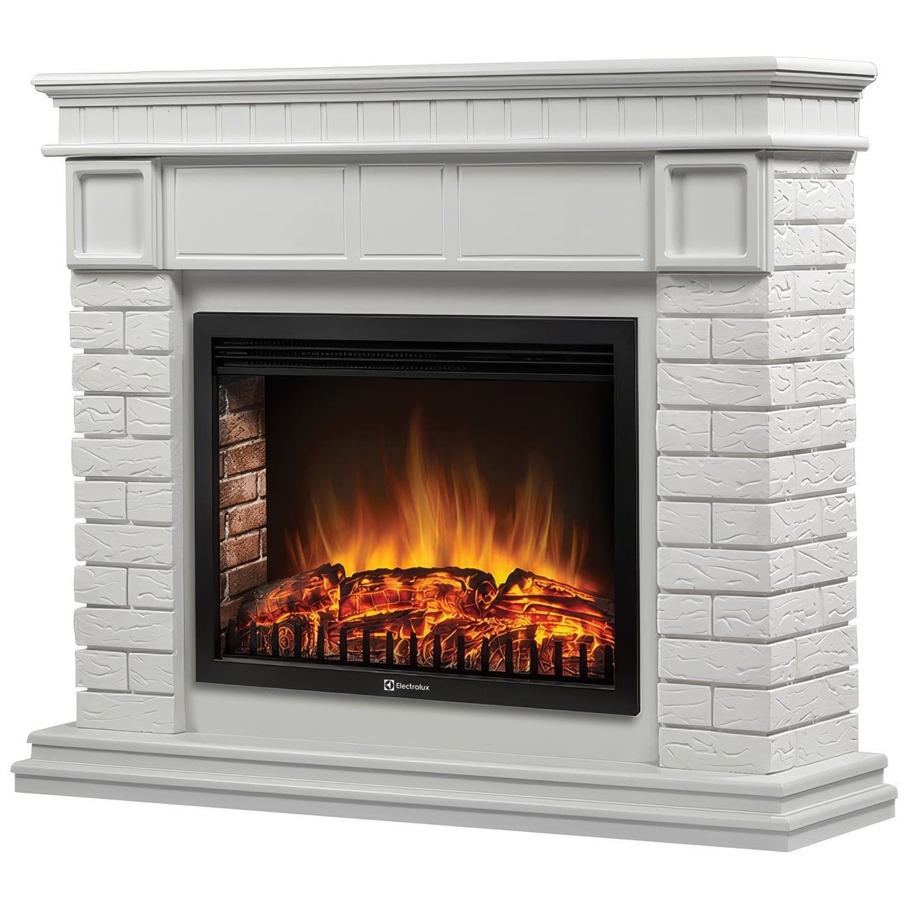 Каминокомплект: Очаг Electrolux EFP/P-3020LS N, портал Bricks 30 камень белый, белая эмаль